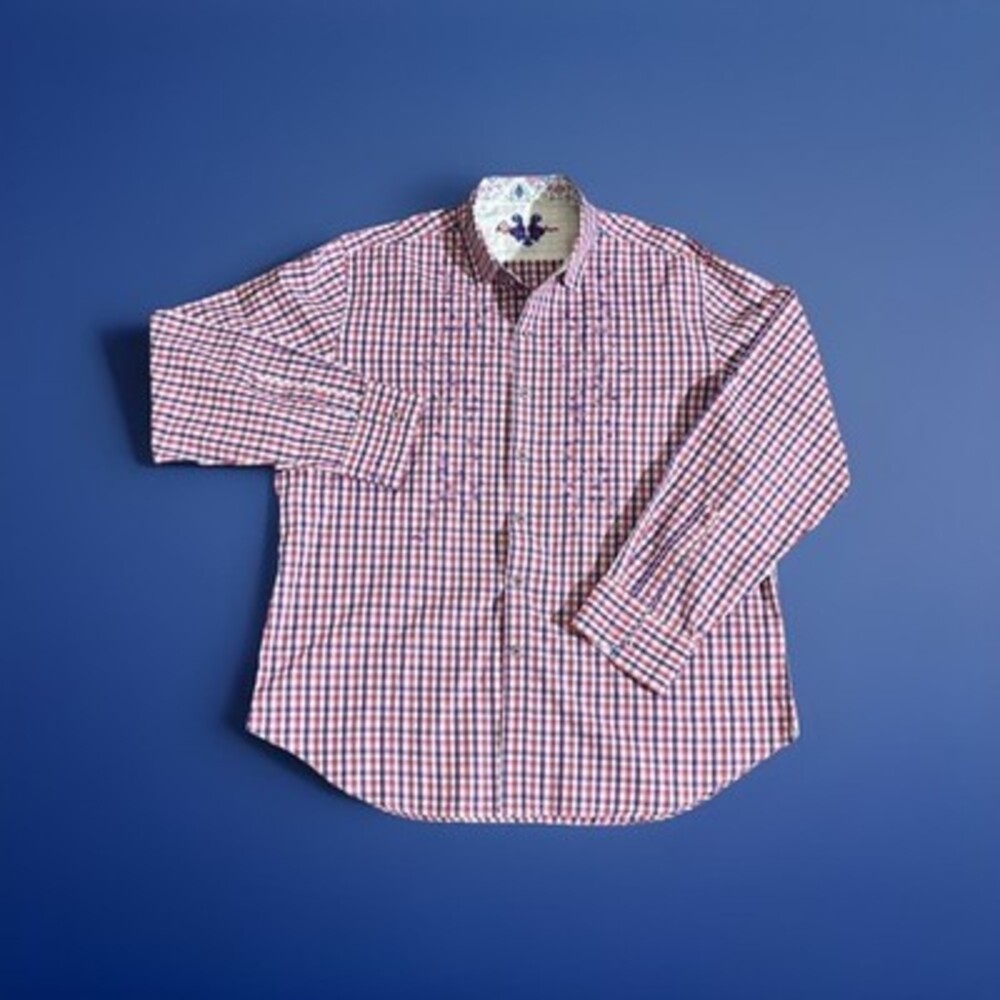 Robert Graham Shirt Mens 2XL Red Gingham Check Flip Cuff Long Sleeve Button Up